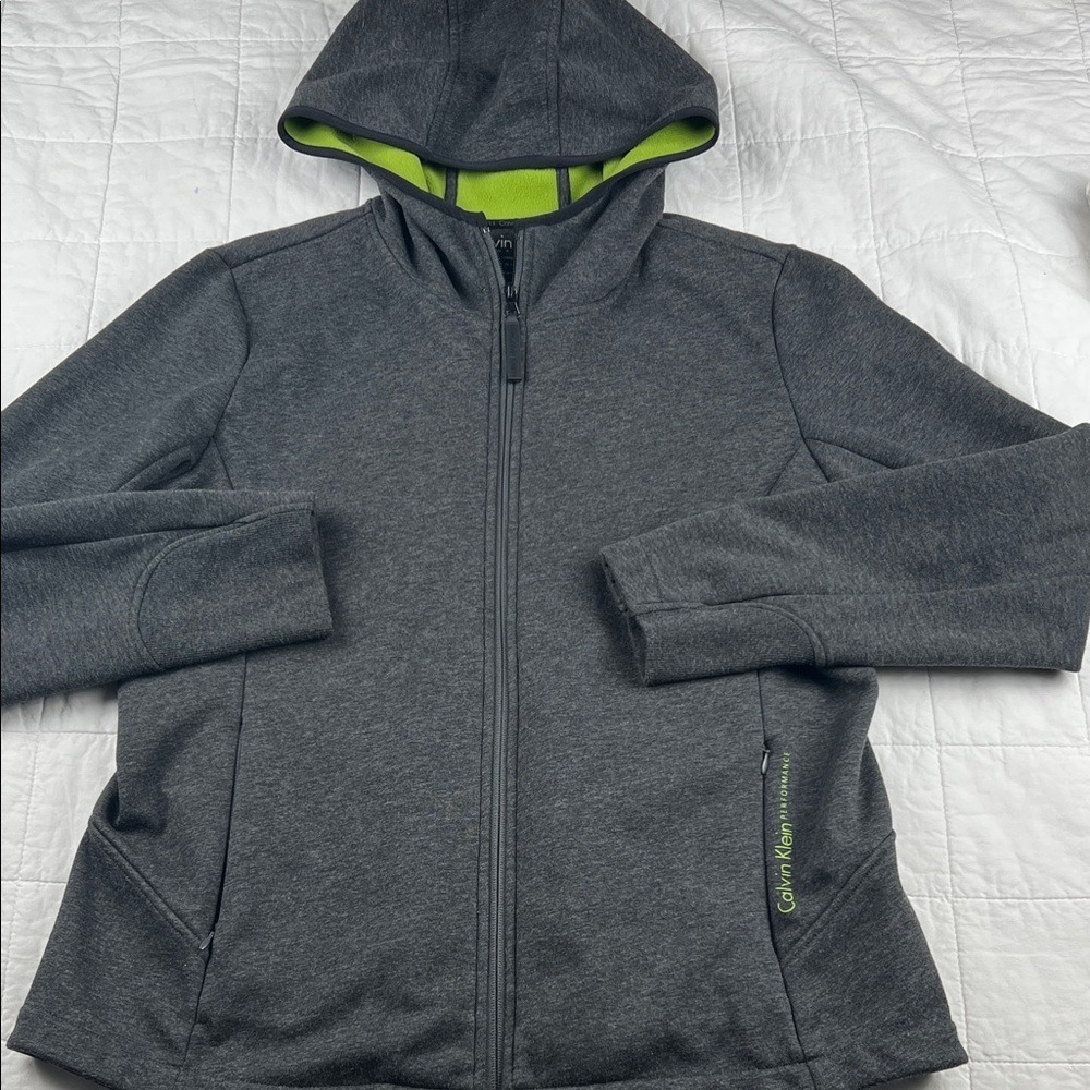 Calvin Klein Performance Full Zip Hoodie Jacket Charcoal Gray Neon Green Size L